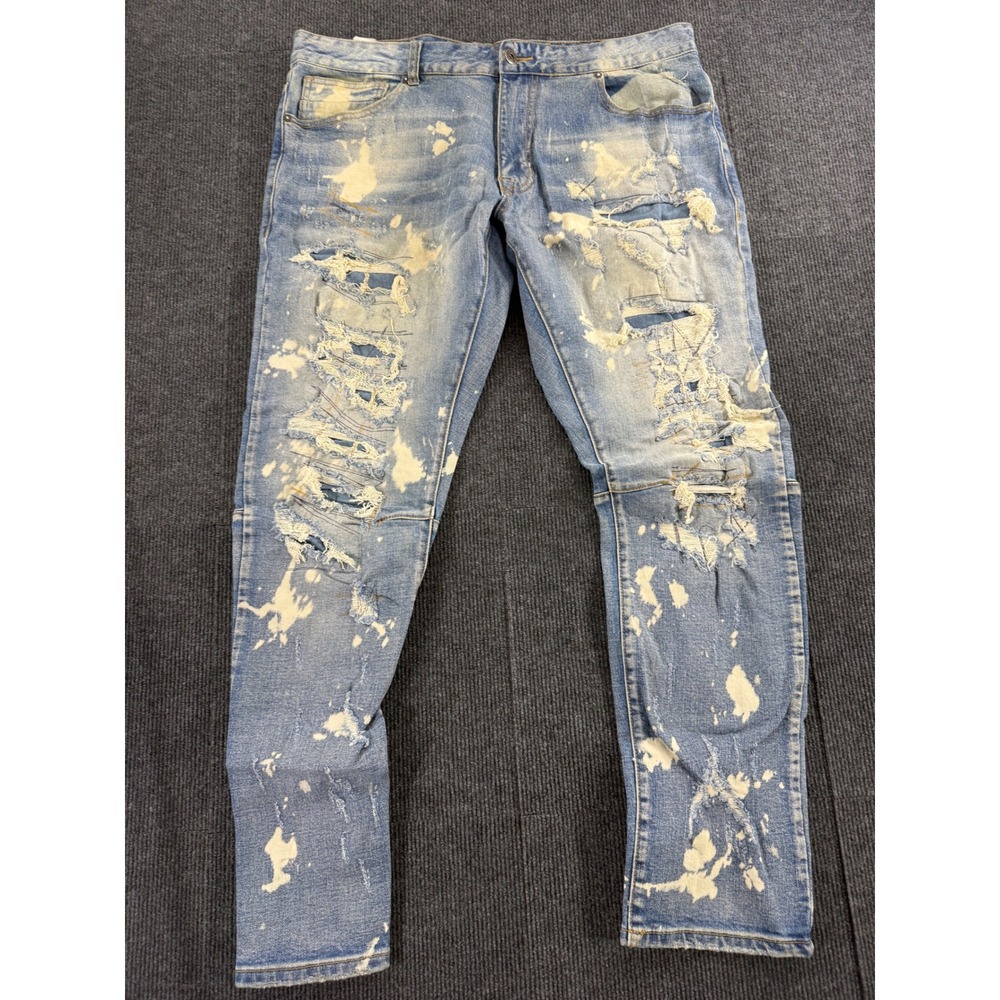 Smoke Rise Mens Distressed Bleach Splatter Jeans Light Wash Denim 38x32